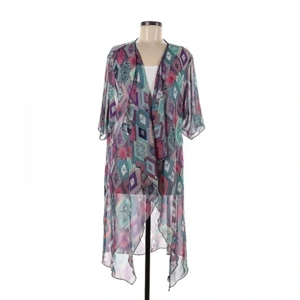 LuLaRoe Shirley Long Colorful Bohemian Kimono Cover Up Rare Print Size Medium M